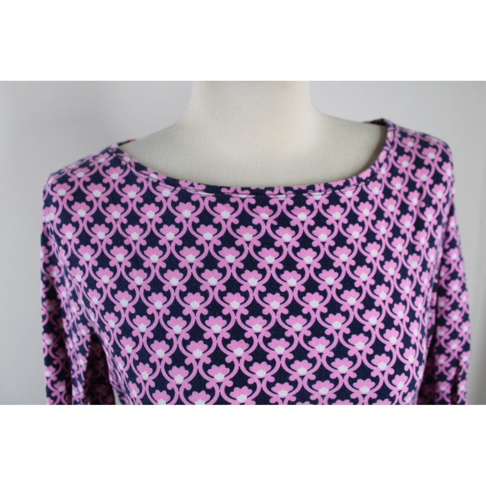 Talbots Size M Pink Navy Blue Floral Geometric Boatneck 3/4 Sleeve Tee Top - Picture 4 of 7